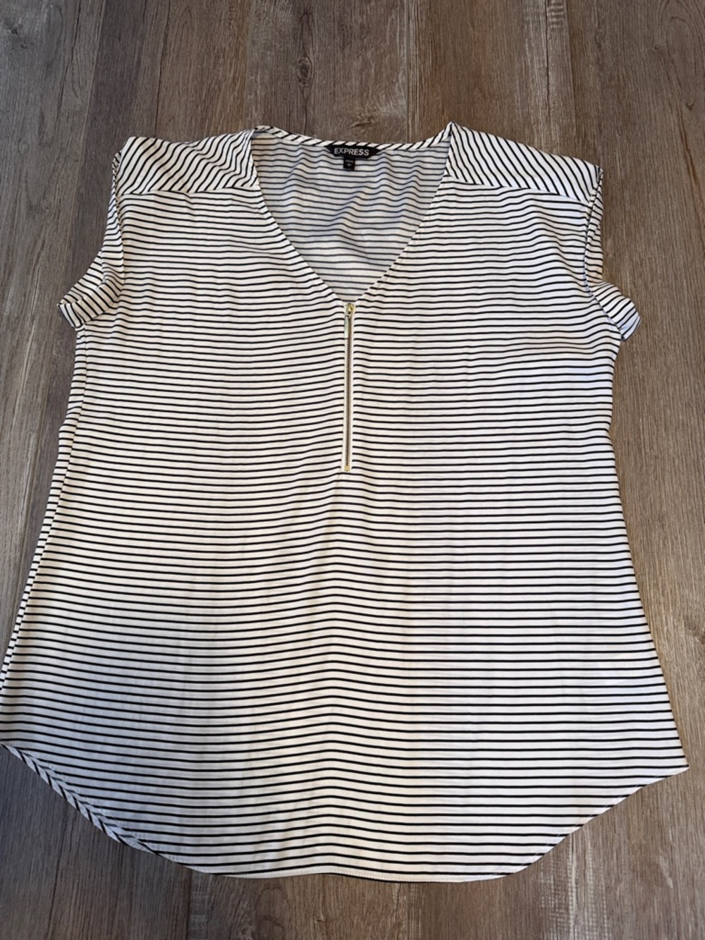 Express Black and White Striped V-Neck Zip Top